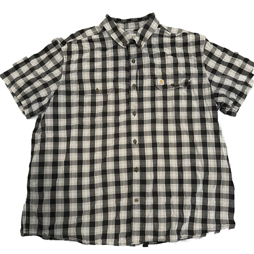Carhartt Men's Relaxed Fit Gray Plaid Short Sleeve Button Up Shirt Size 3XL